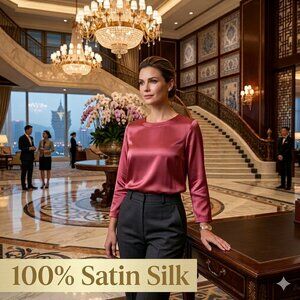 Women S-M 100% Satin Silk Rose Blouse L/S Round Neck Luxury Flowy LightWt Money